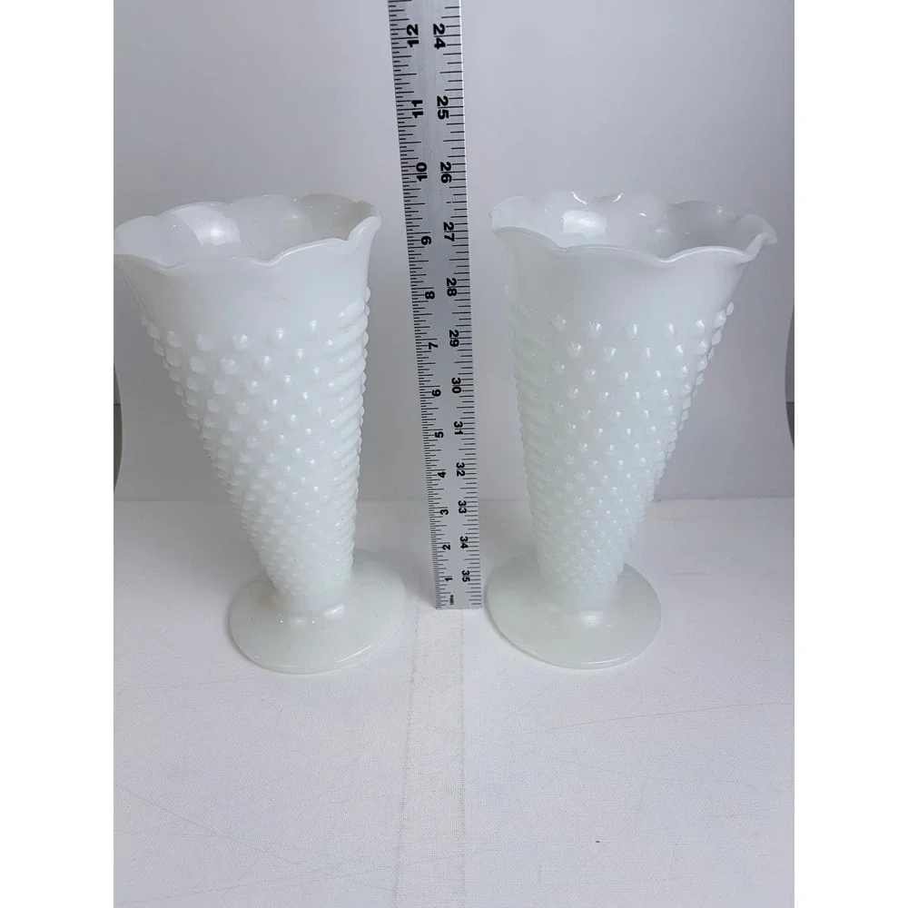 Vintage Fenton White Milk Glass Hobnail Trumpet Vases Ruffled Rim Pedestal Pair